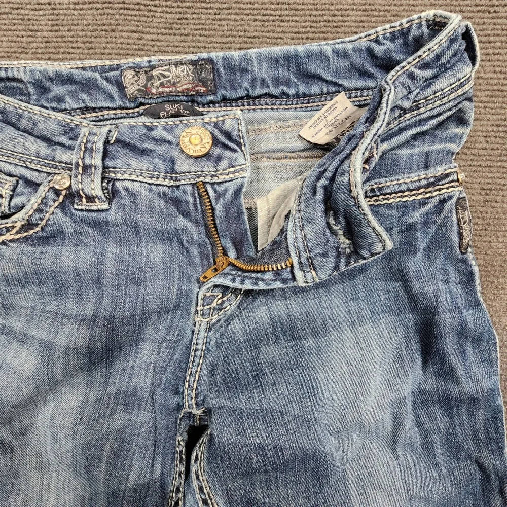 Silver Jeans Suki Flap Jeans Women 27 Blue Distressed Mid Rise Bootcut Denim
